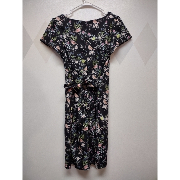 Yumi black pleated dress with quirky bird print and back zip size M - Picture 2 of 10